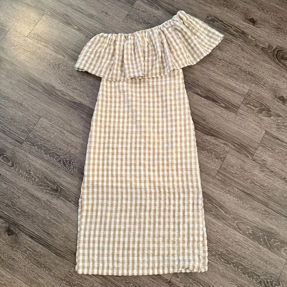 Abbey Glass Sutton One-Shoulder Dress Gingham Taupe